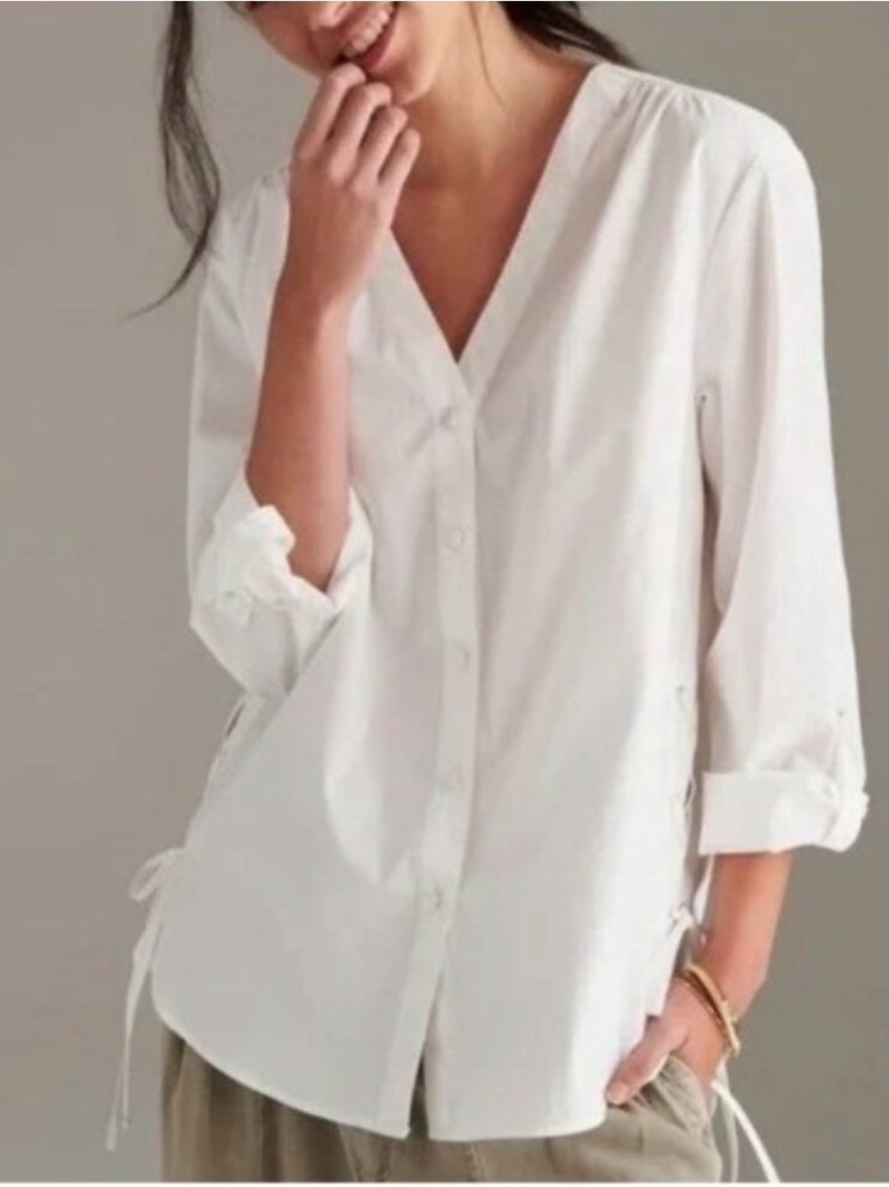 Mare Mare Anthropologie Henrietta Tunic White Button-Down V-Neck Shirt tie side